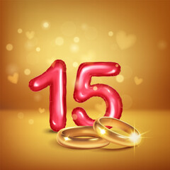 A red number 15 in the form of a balloons with two gold wedding rings, symbolizing the celebration of the fifteenth wedding anniversary, set on a  warm background with small hearts flying around.