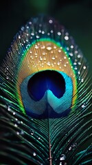 Naklejka premium Peacock feather with water droplets displaying vibrant iridescent colors of blue, green and gold against dark background, macro photography with bokeh effect.