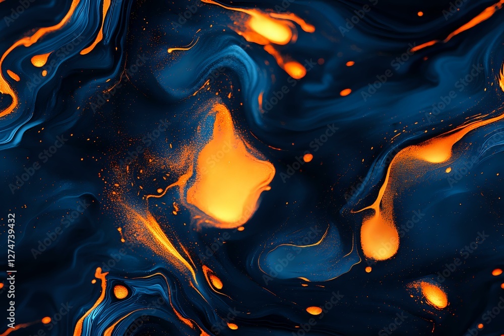 Poster abstract fluid art with vibrant orange fire-like elements flowing through deep navy blue background,