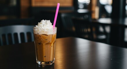 Iced coffee with whipped cream and straw on caf� table.
