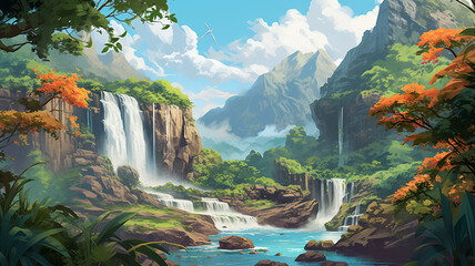 A lush green jungle with a waterfall and a river