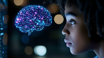 Young Asian boy looking at glowing digital brain hologram with neural network connections against dark background with bokeh lights. Future technology concept.