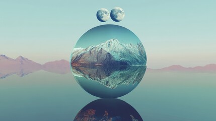 Surreal mountain reflection sphere, double moon, calm water, dreamy landscape, website banner