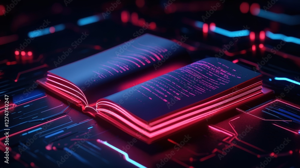 Aufkleber an open book illuminated by neon lights on a digital circuit background, symbolizing the fusion of k