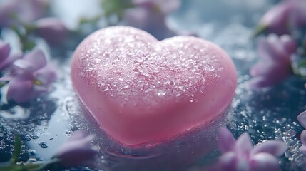 Fototapeta premium Pink heart covered in sparkling frost crystals against dark background with soft purple flowers, creating romantic winter atmosphere for Valentine's Day designs.