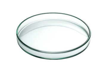A pristine glass petri dish sits in isolation, reflecting soft light isolated on transparent background