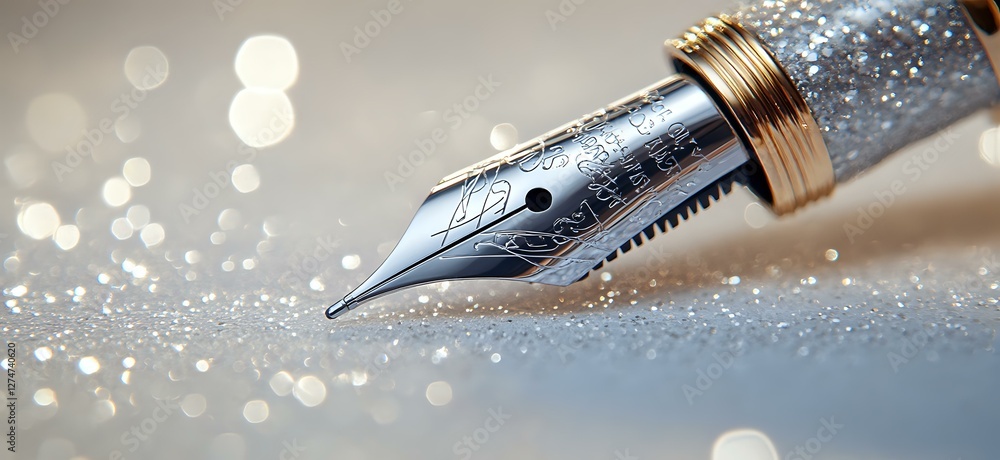 Poster elegant fountain pen nib with ornate engravings on metallic surface against sparkling bokeh backgrou