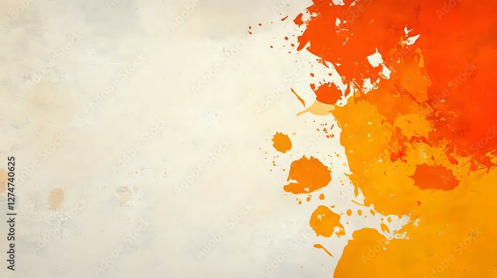 Poster orange and red watercolor splash on textured white paper background creates dynamic abstract composi