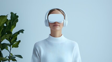 Young Asian woman in white turtleneck wearing VR headset and wireless headphones against light background with green plant, representing modern technology lifestyle.