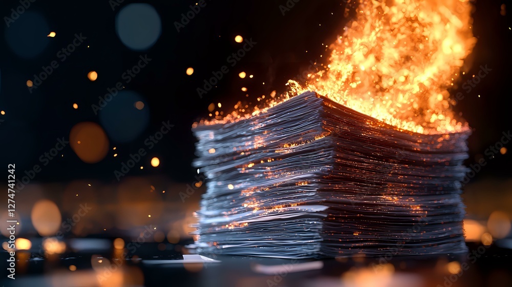 Aufkleber stack of paper documents burning with bright flames and sparks against dark background with bokeh li