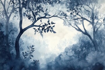 Fototapeta premium ethereal indigo watercolor wash with subtle gradients and flowing organic patterns, zen-inspired composition