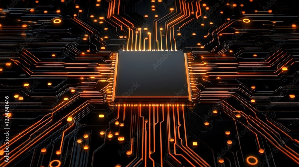 Aufkleber close-up view of a microchip on a circuit board, featuring intricate pathways and vibrant orange lig
