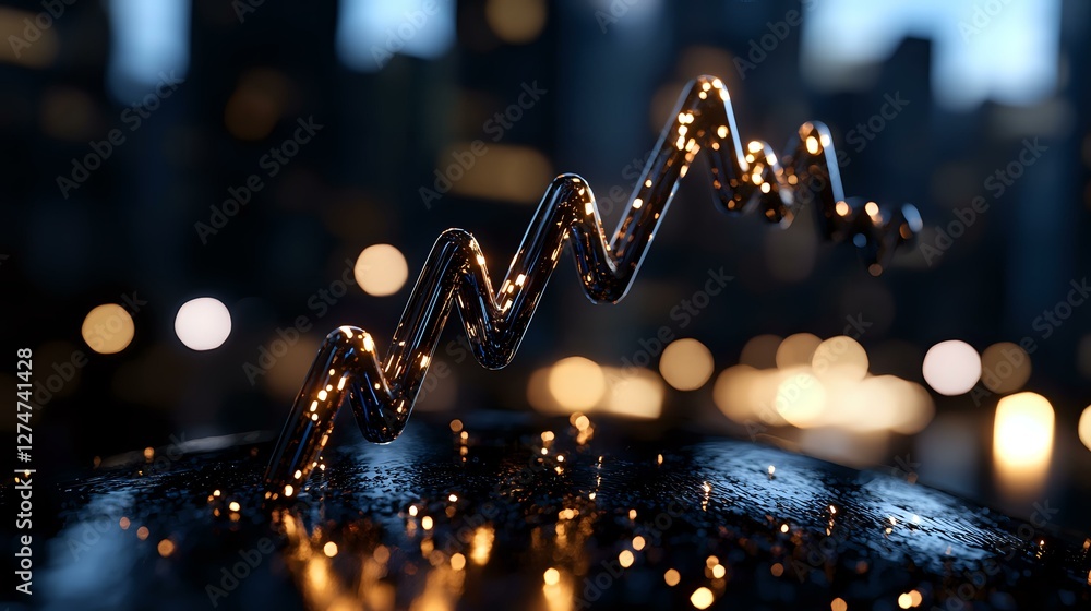 Poster glowing line graph made of fairy lights against dark background with bokeh effect, representing fina