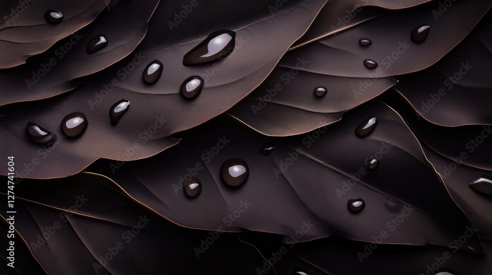 Poster close-up view of dark green leaves adorned with glistening water droplets. the intricate textures an