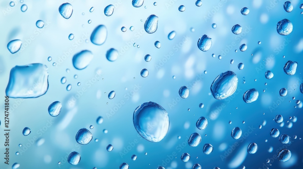 Poster close-up view of water droplets on a smooth surface. the vibrant blue background creates a refreshin