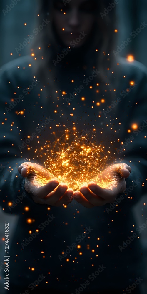 Poster glowing golden network sphere floating above cupped hands against dark background, with magical ligh