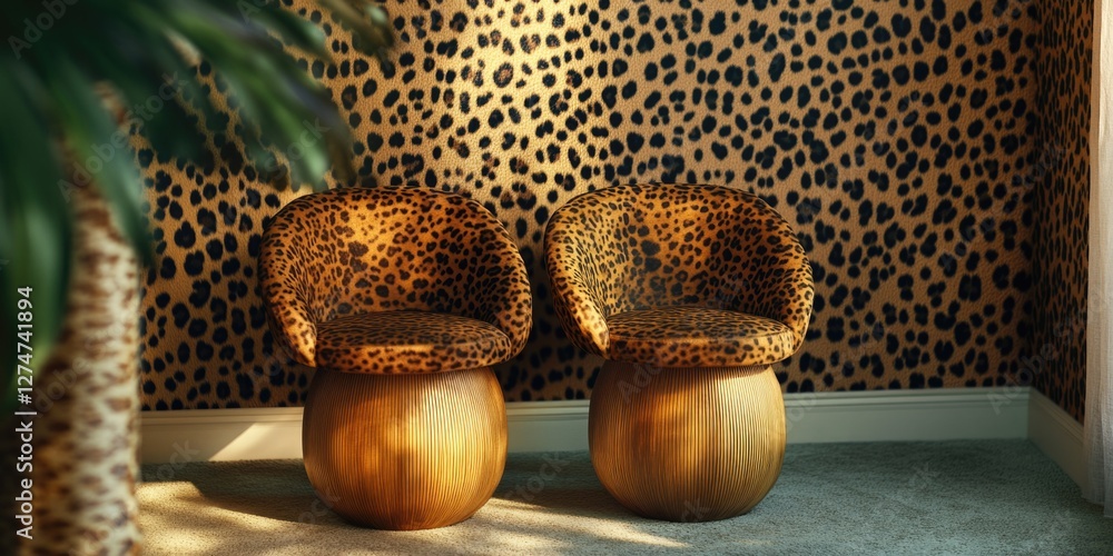 Poster pair of stylish, leopard print chairs featuring a distinctive pattern. ideal for creating a modern a