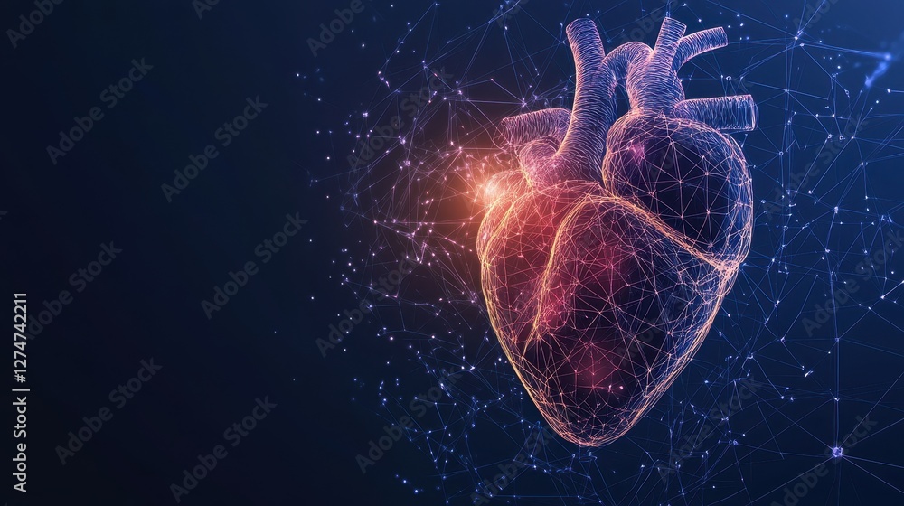 Poster digital rendering of human heart with geometric network in blue space background