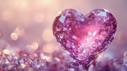 Fototapeta premium Pink crystal heart on blurred bokeh background with magical glow and sparkles, romantic Valentine concept for love and celebration designs.