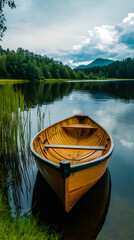 Fototapeta premium Wooden rowboat anchored lakeside, mirroring cloudy sky, mountain silhouettes, and verdant woodland landscape