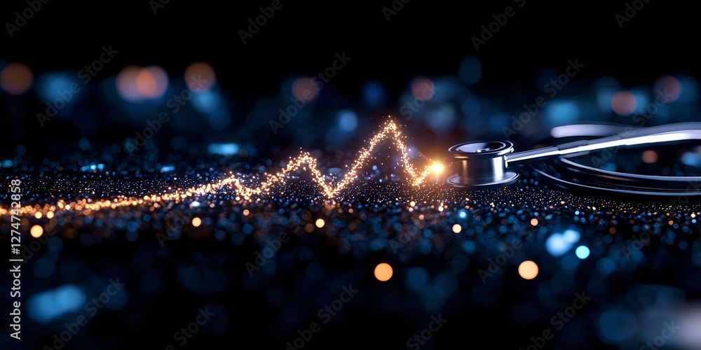 Poster glowing music wave visualization with turntable needle in dark blue atmosphere with bokeh lights, cr