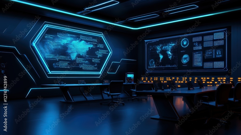 Poster futuristic control room with high-tech screens and ambient blue lighting. ideal for showcasing techn