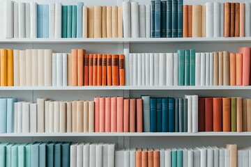 Fototapeta premium Colorful books arranged on white shelves in pastel and muted tones creating minimalist library aesthetic, modern bookshelf organization pattern.