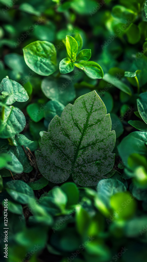 Poster close-up of a large green leaf with visible veins surrounded by smaller, out-of-focus leaves, creati