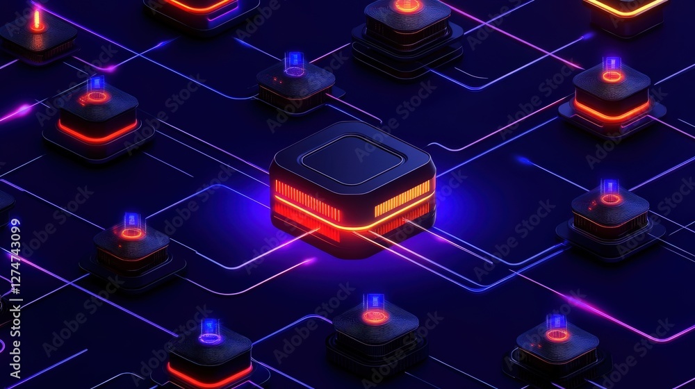 Poster futuristic digital circuit board with glowing neon components. this vibrant, high-tech abstract back