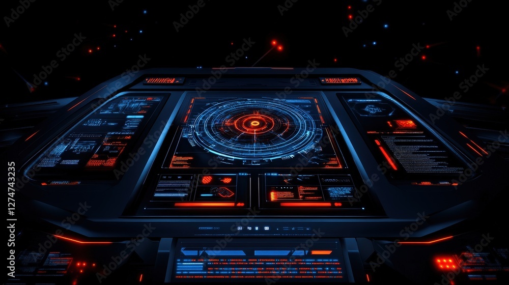 Aufkleber futuristic digital interface illuminated in vibrant blue and red lights, showcasing complex control 