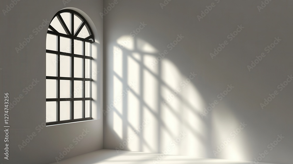 Poster sunlight streaming through arched window in minimalist room with soft shadows