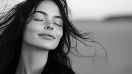 Peaceful woman, windswept hair, serene field, black & white portrait