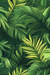 A digital graphic of green and yellow palm leaves, resembling a tropical theme.