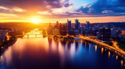 Fototapeta premium Stunning sunset view of a modern city skyline reflecting on a river