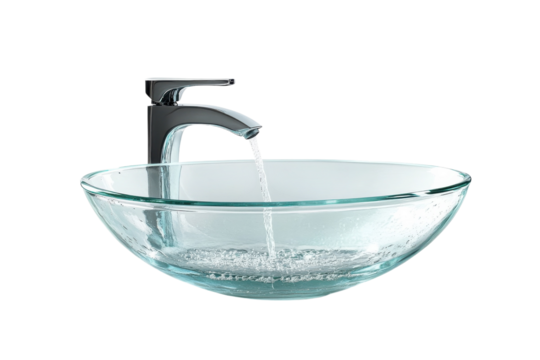 Modern glass sink with flowing water in a minimalist bathroom setting on a bright day isolated on transparent background