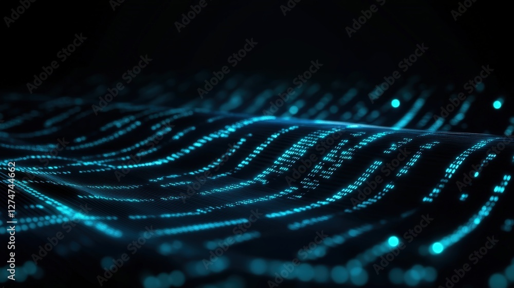Poster this captivating image features a close-up view of a digital landscape, showcasing glowing blue data