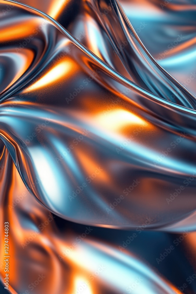 Poster high-resolution metallic abstract texture with swirling patterns in shades of blue, orange and silve