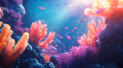 Bioluminescent glowing coral reef with alien marine creatures swimming in a vibrant ocean magical 3d nature scene with ethereal vibes. Transcendent Light Beings. Illustration