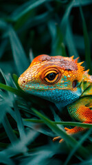 Fototapeta premium Vibrant lizard blending seamlessly within verdant grass, revealing intricate orange, blue, green scaled pattern