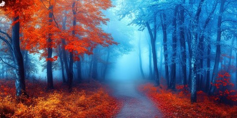 Wooded path with autumn leaves and misty atmosphere.