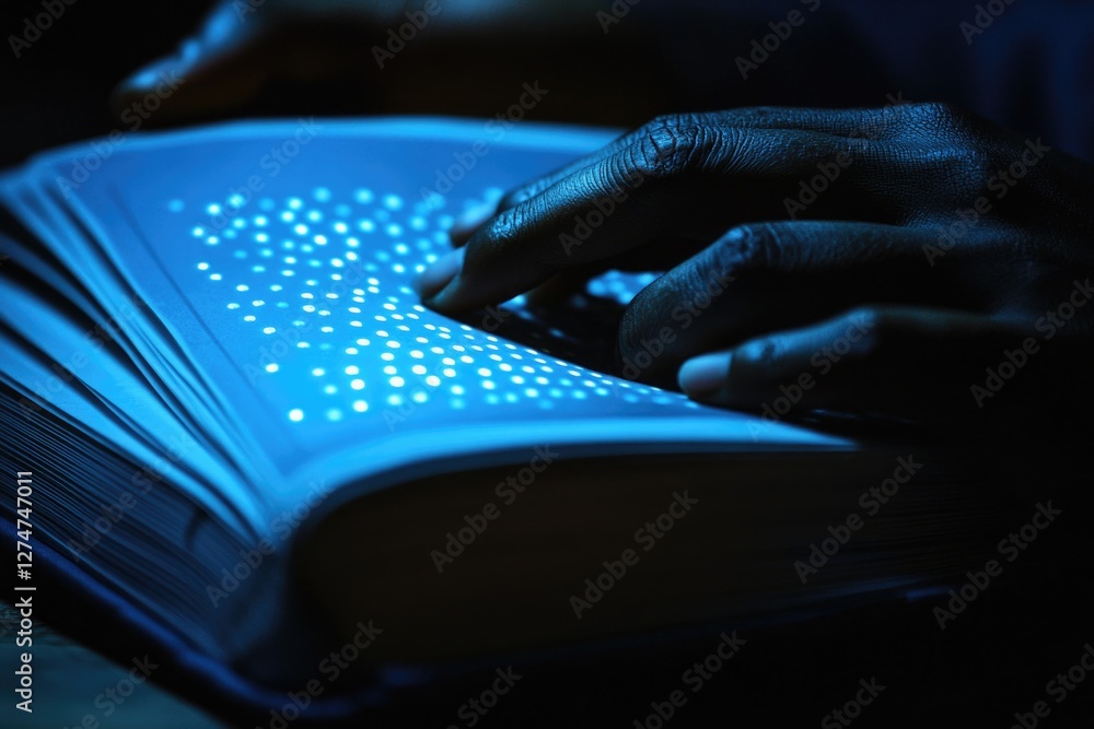 Poster a person's hand using a digital tablet or e-reader with glowing screen in the dark, highlighting the