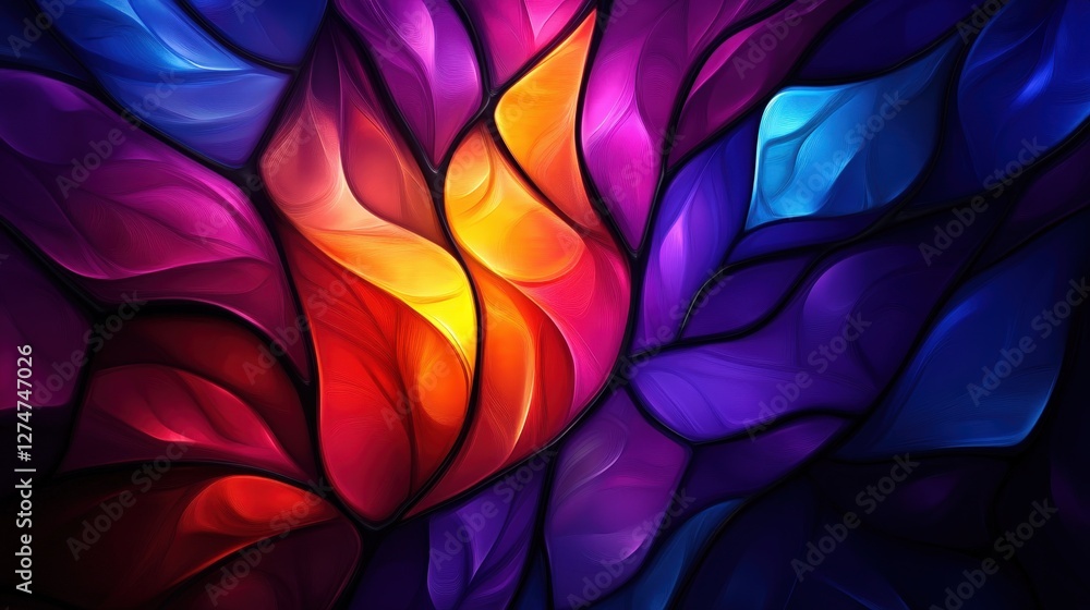 Poster vibrant stained glass design with dynamic shapes and rich colors, creating an artistic abstract comp