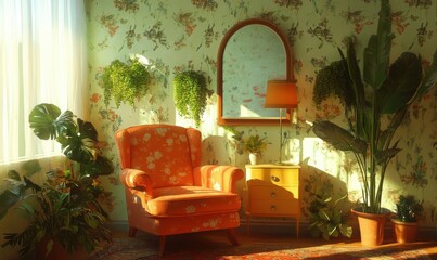 A bright room featuring an armchair, a mirror, plants, and a floor lamp.