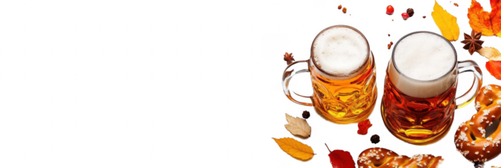 Enjoying fall flavors with beer and pretzels on a vibrant table featuring autumn leaves and festive decorations, perfect for seasonal gatherings