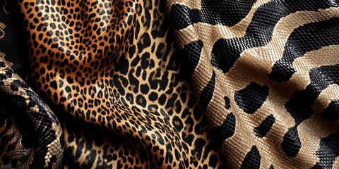 A close-up of various leopard and tiger print textiles. Popular in fashion for their bold, eye-catching patterns.