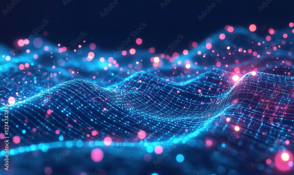 Poster a digital landscape features a pixelated grid and neon lights, symbolizing futuristic technology and