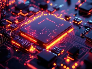 Obraz premium Quantum computing processor with glowing data lines, sleek futuristic tech lab, vibrant neon lighting, photorealistic