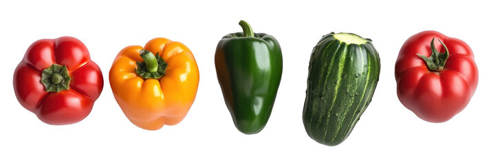 Brightly colored bell peppers arranged in a clean overhead layout on a transparent background with ample copy space for creative design elements or text