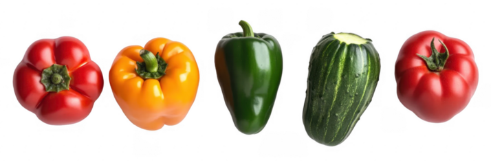 Brightly colored bell peppers arranged in a clean overhead layout on a transparent background with ample copy space for creative design elements or text