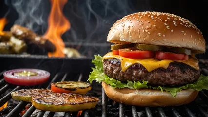 Clásica hamburguesa a la parrilla con queso cheddar derretido, tomate fresco, lechuga y pepinillos en un pan de sésamo, cocinada en una barbacoa al aire libre con llamas y humo, ideal para un almuerzo © jesus